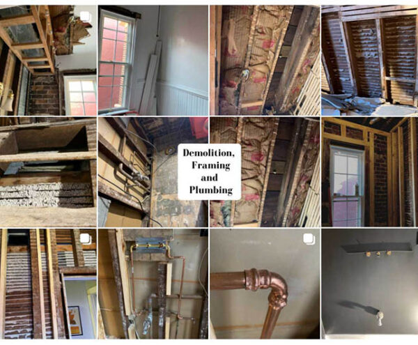 Bathroom demolition showing original framing and wall removal during a historic bathroom renovation in an 1889 Victorian house.