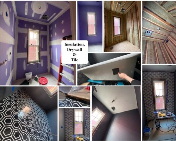 Moisture-resistant purple drywall installation before tile work in a historic bathroom renovation of an 1889 Victorian home.
